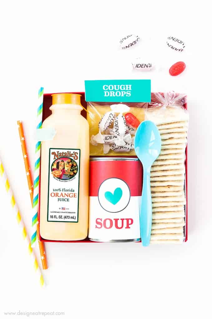 I never knew how to help a sick friend who had the flu and now I can! I put together this DIY Emergency Vitamin C kit filled with Natalie's Orange Juice, Soup, Crackers, and cough drops and dropped it by their house as a small feel-better treat!