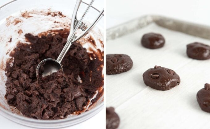Scooping chocolate cake mix dough and pressing into thick disc to bake