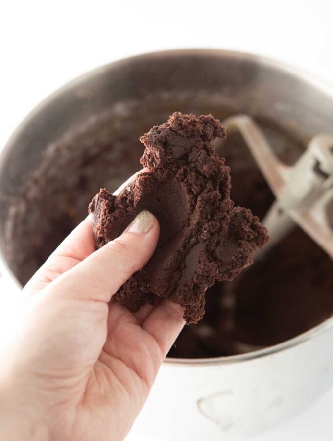 hand holding chocolate cosmic brownie cookie dough