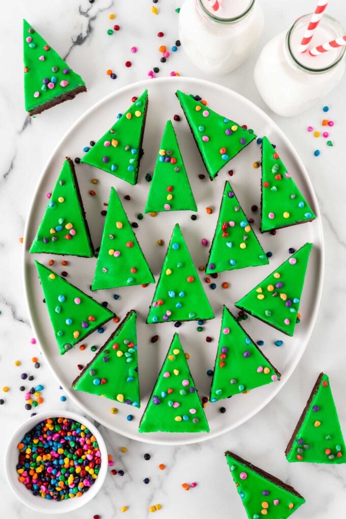 white platter of green triangle Little Debbie cosmic Christmas tree brownies