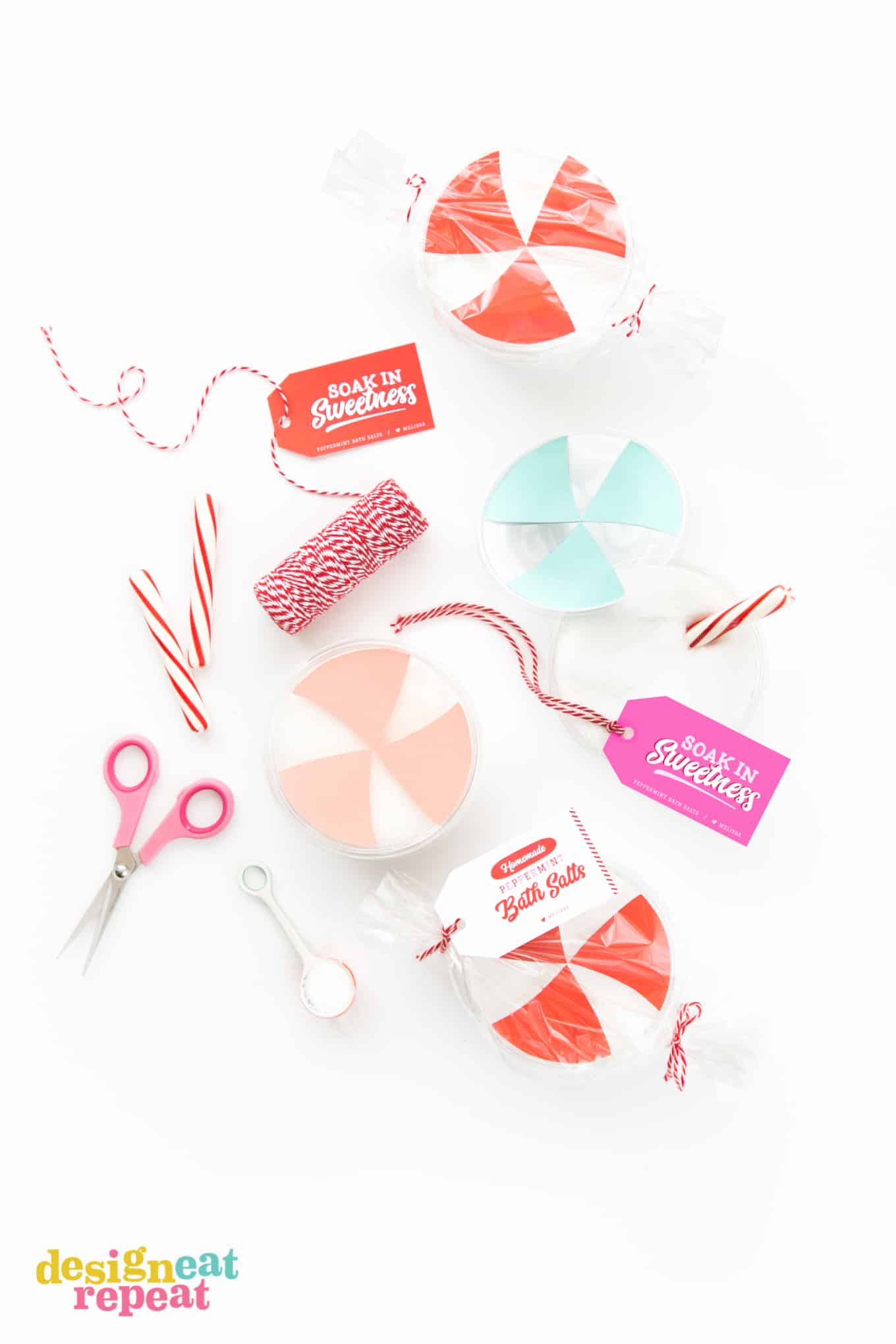 Learn how to make peppermint DIY bath salt & then gift it with the free printable tags.