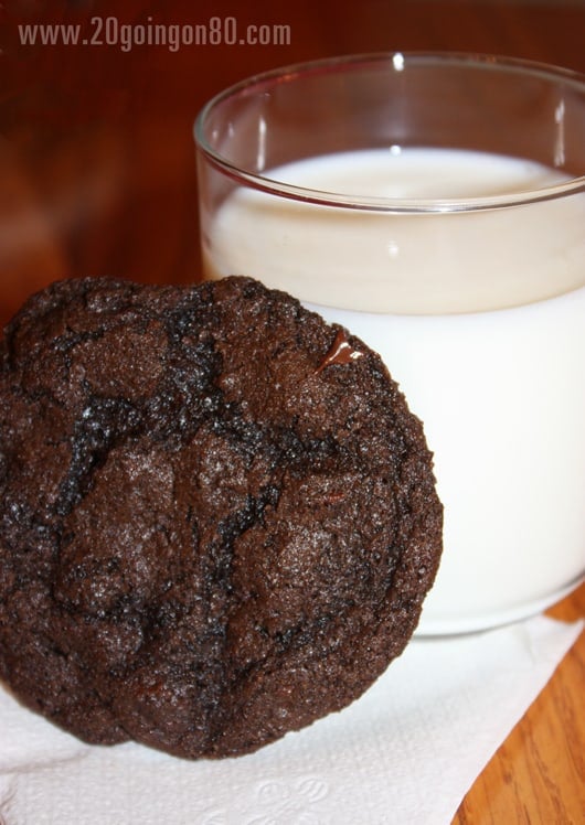 Double chocolate cookie leaning on glass of white milk.