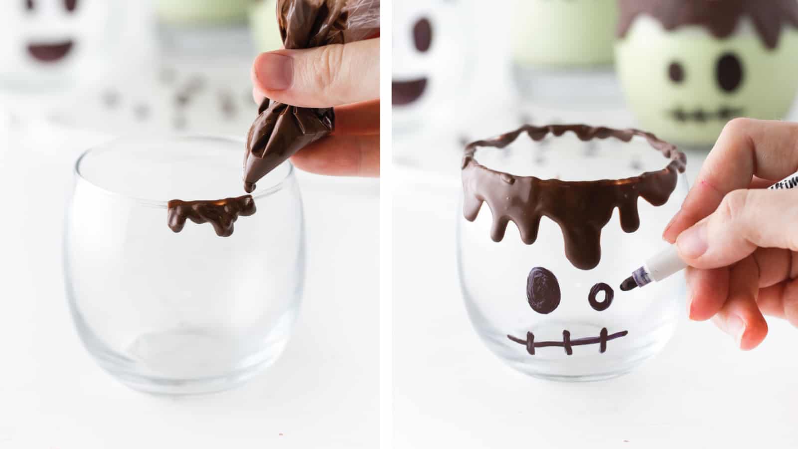 Hand piping chocolate over rim of glass cup. Hand drawing Frankenstein face on clear glass with permanent marker. Easy Halloween Milkshakes.
