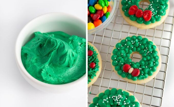 bowl of green frosting and finished decorated wreath sugar cookie