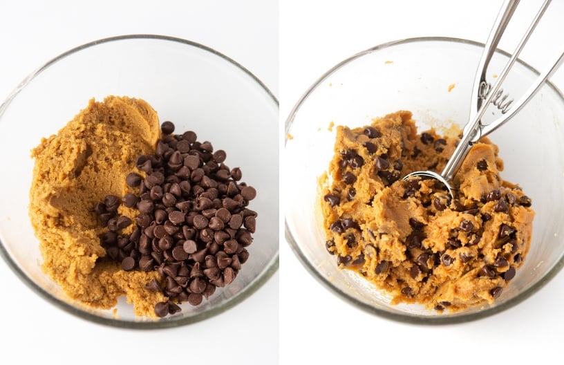 Mixing bowl of cookie dough and chocolate chips for Chewy and Soft Gluten Free Peanut Butter Chocolate Chip Cookies
