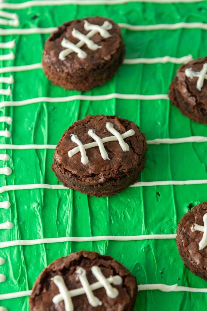 mini football brownies on green brownies