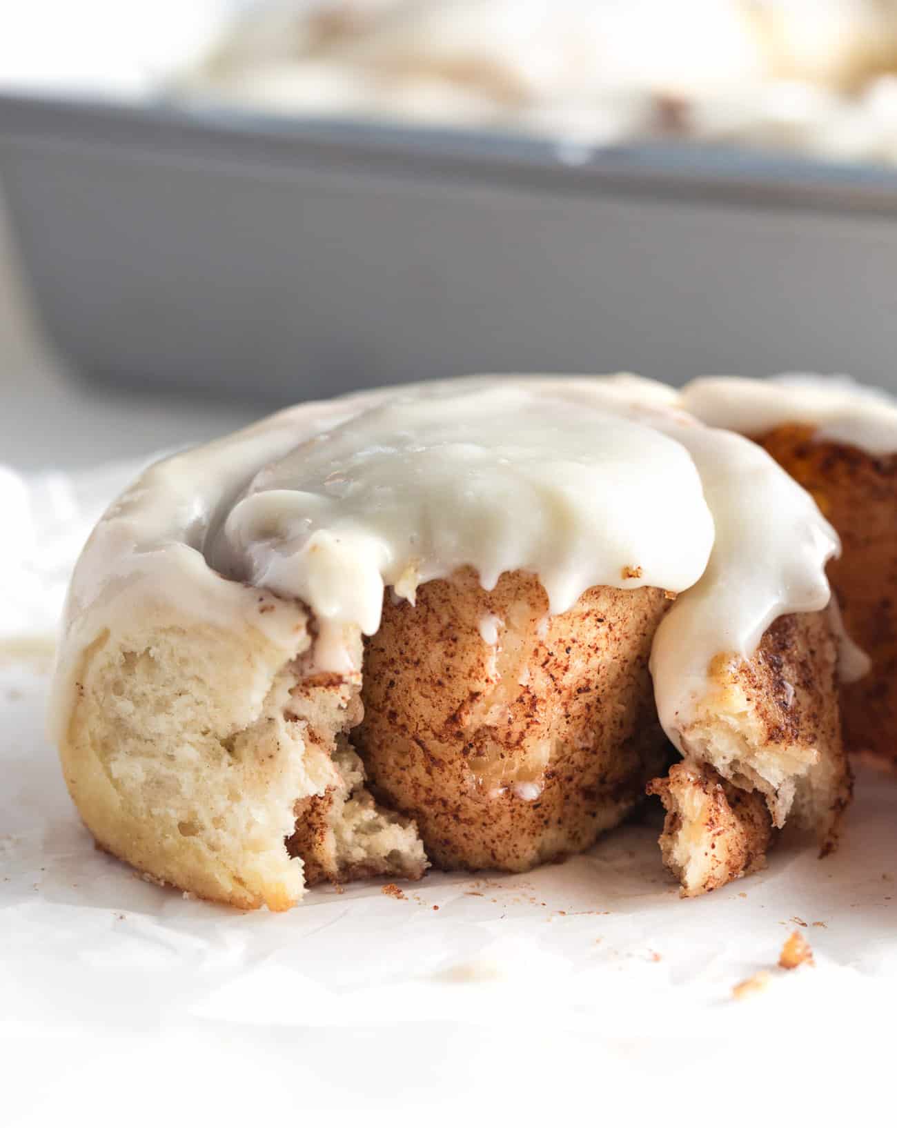 inside texture of moist and soft easy one hour cinnamon rolls, 