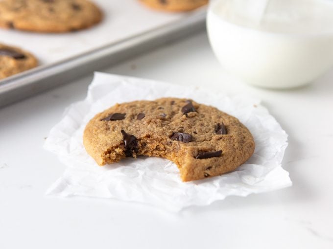 peanut butter chocolate chip cookie with bite