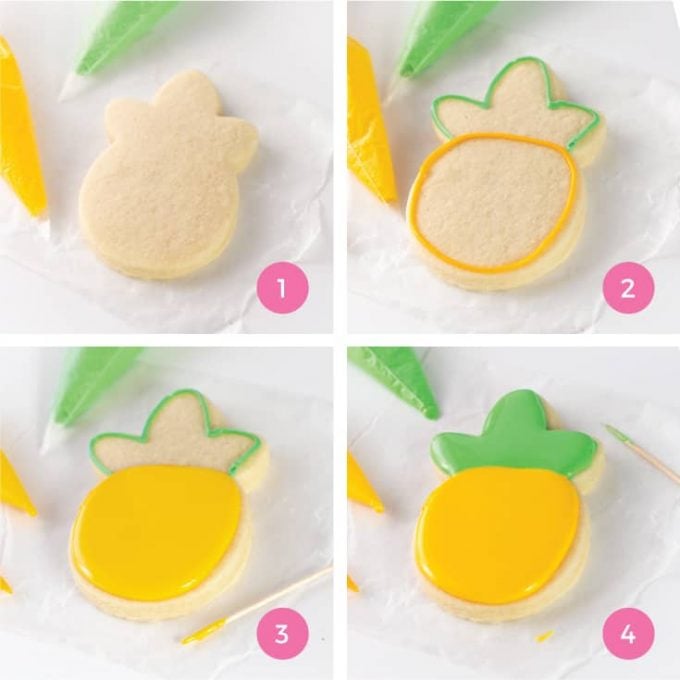 How to outline and flood pineapple sugar cookie with royal icing