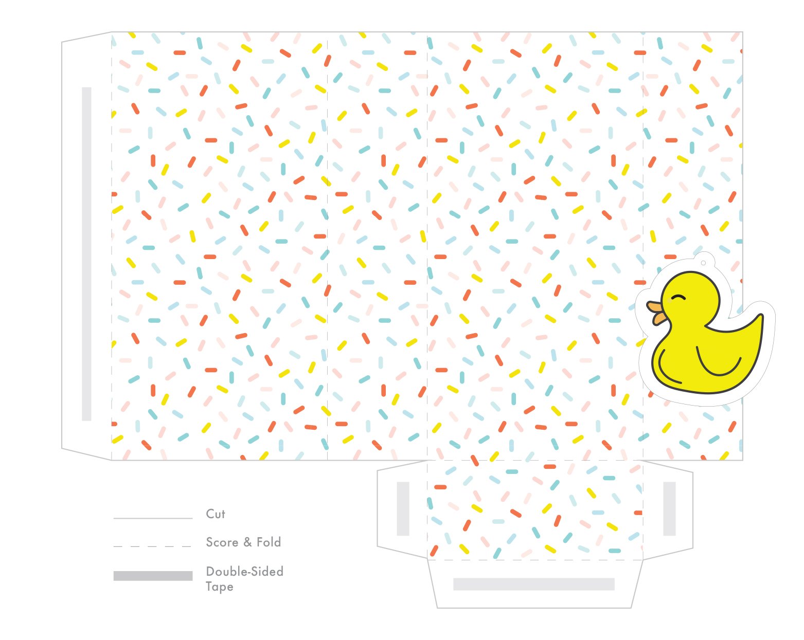 Dieline for printing sprinkle baby shower favor bag with rubber duck tag