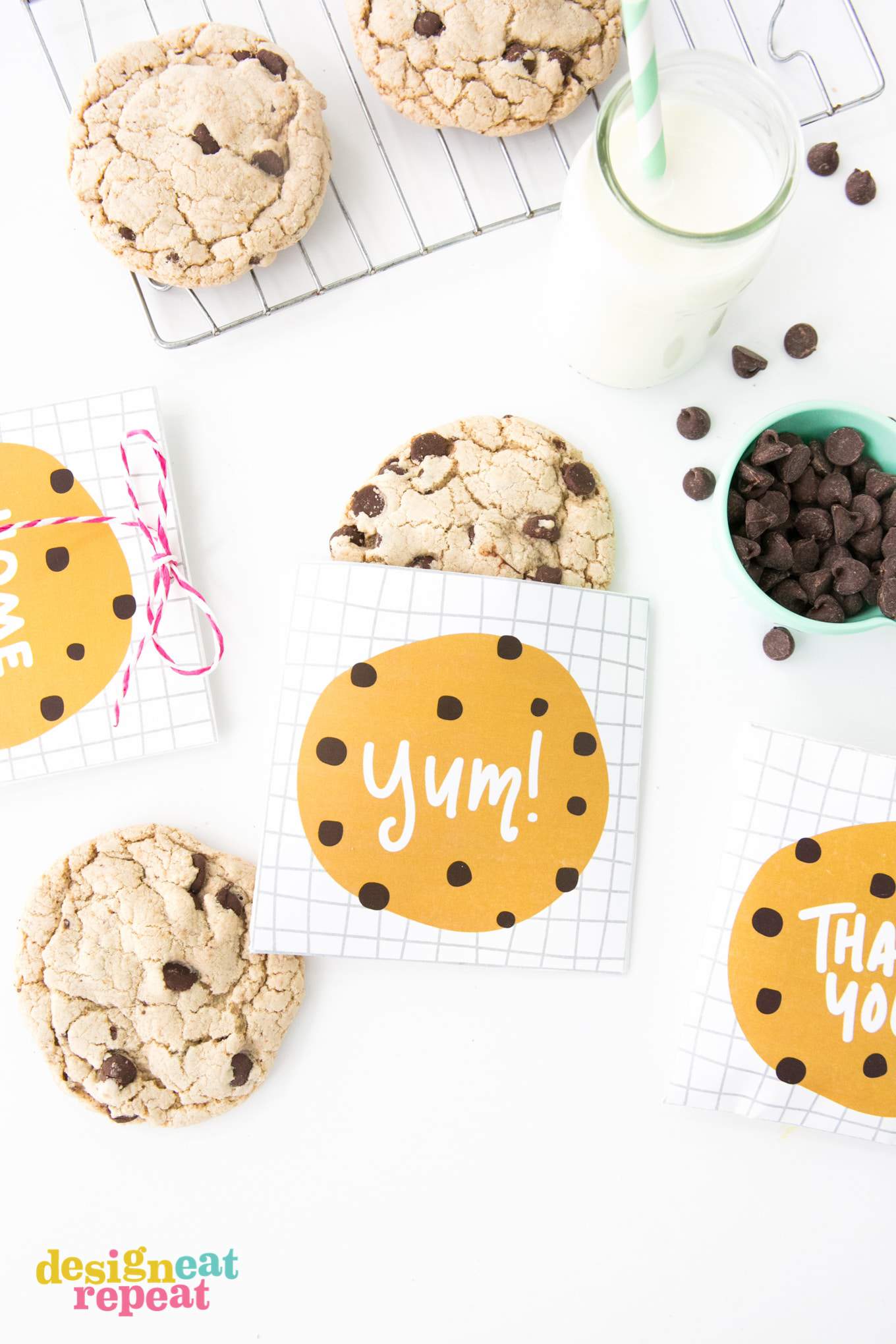 Chocolate chip cookie bag with "yum" written on top.