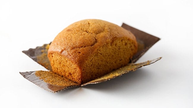 Moist pumpkin bread mini loaf pan recipe in corrugated brown mini tin