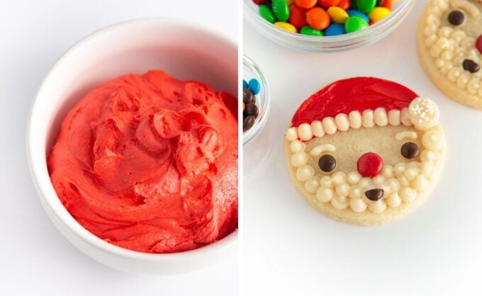 bowl of red frosting for santa face cookies