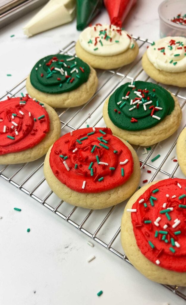 red and green lofthouse-style soft frosted sugar cookies