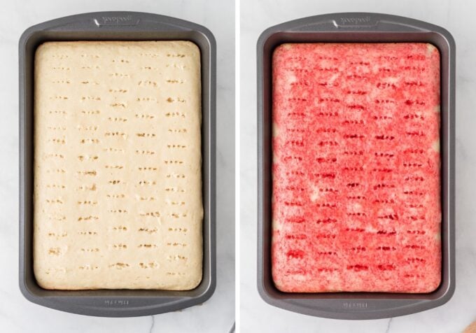Baked cake before and after adding strawberry Jello