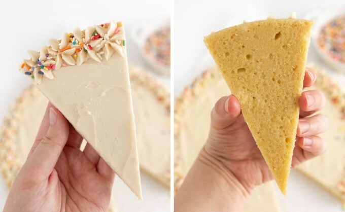 hand holding slice of sugar cookie cake to show top and bottom texture