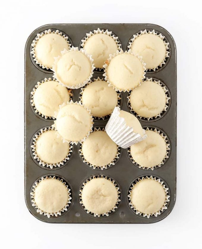 Cupcake pan of baked white wedding cupcakes