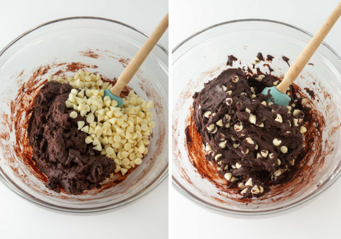 Two photos showing Oreo pizza dough in glass mixing bowl